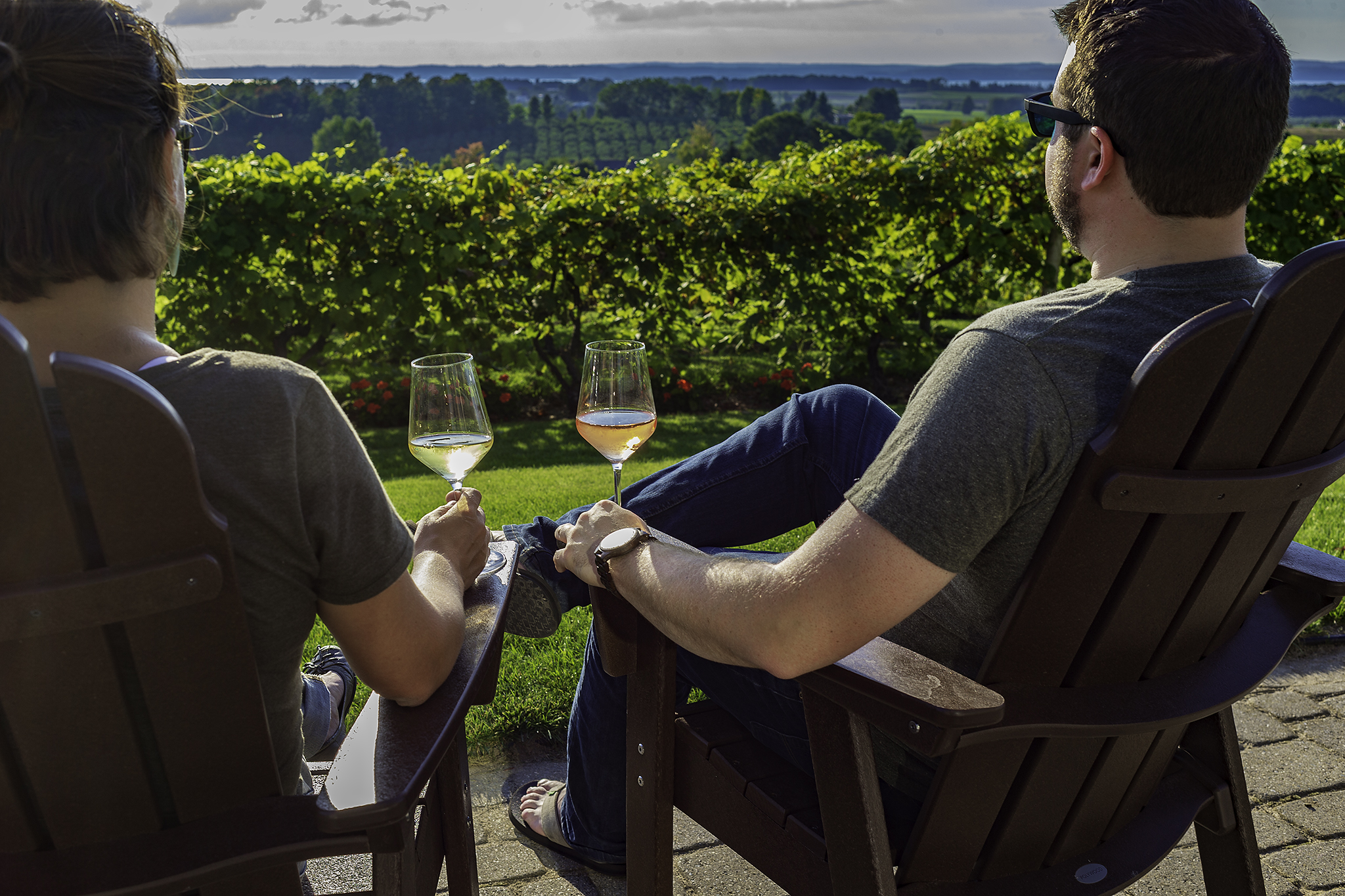 drinking wine on patio on old mission peninsula